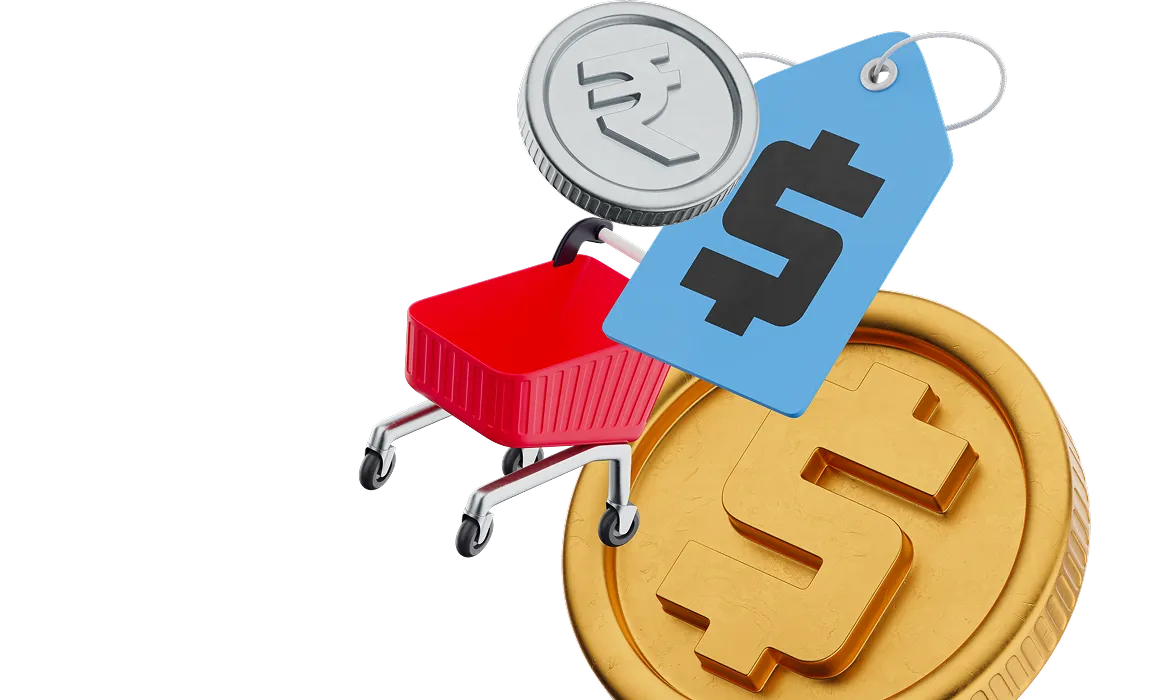 Group of illustrations including a shopping cart and coins of different currencies
